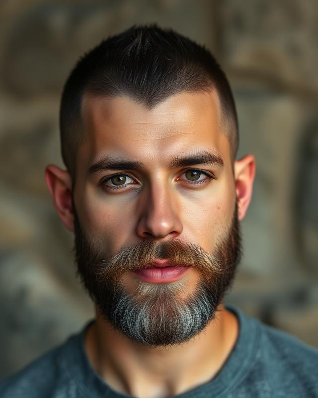 Syntetiskt exempel på frisyren buzz cut + skäggkonturering